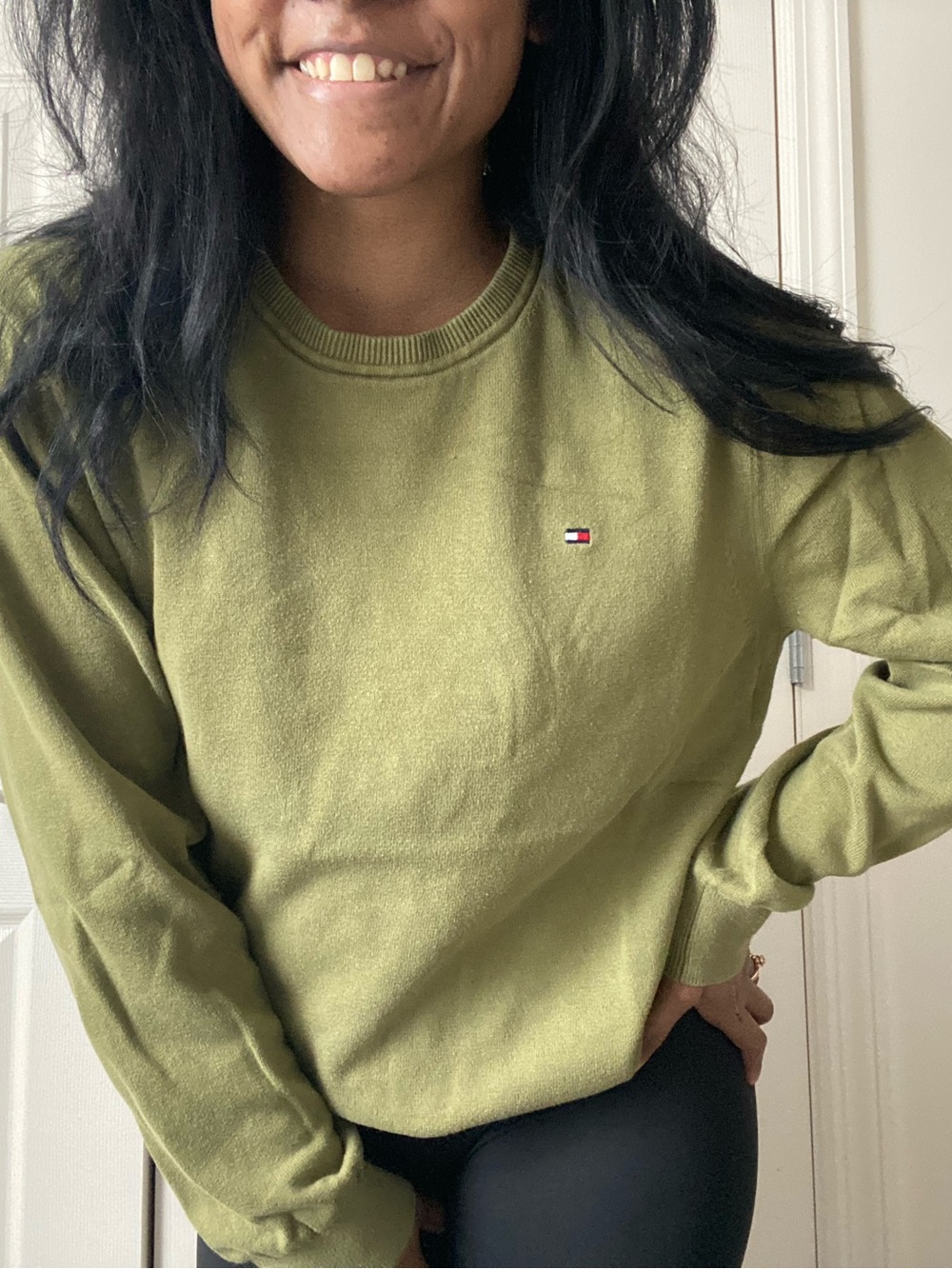 Tommy Hilfiger Olive Crewneck Sweatshirt with Flag Logo